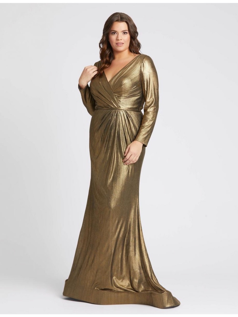 NWT Mac Duggal Metallic Gold Long Sleeve Wrap Gown size 18W- SOLD OUT ONLINE